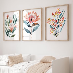 Australian Native Flowers Gouache Painting Prints Set of 3 Vol 2, DIGITAL DOWNLOAD, Waratah, Kangaroo Paw Wildflower Floral Gallery Wall Art