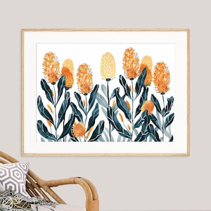 Banksia Golden Beauty Print, DIGITAL DOWNLOAD, Australian Native Flowers Botanical Landscape, Wall Art Floral Print Poster, Flora Printable