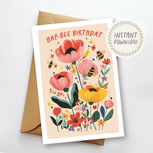 Carte d'anniversaire imprimable Carte d'anniversaire Hap-Bee Carte de jeu de mots drôle Doux anniversaire mignon Anniversaire mignon lunatique Enveloppe imprimable Téléchargement immédiat