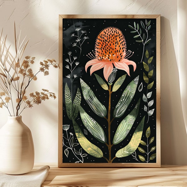 Banksia Charm Illustration, DIGITAL DOWNLOAD, Australian Native Flowers Botanical, Wall Art Floral Print, Flower Poster, Flora Printable