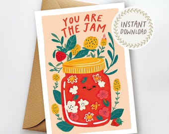 Afdrukbare verjaardagskaart Valentijnsdag You Are The Jam Verjaardagskaart grappige woordspeling kaart voor partner Afdrukbare envelop direct downloaden