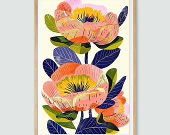 Peony Paradise Illustration Print: Modern Floral Wall Art (Digital Download)