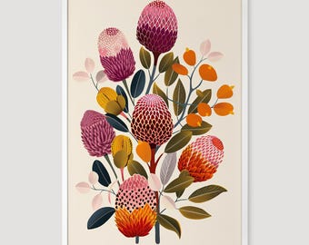 Banksia Boho Serenade Illustration, DIGITAL DOWNLOAD, Australian Native Flowers Botanical, Wall Art Floral Print Poster, Flora Printable
