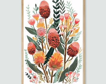 Banksia Bloom Illustration, DIGITAL DOWNLOAD, Australian Native Flowers Botanical, Wall Art Floral Print, Floral Poster, Flora Printable