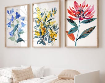 Australische Blumen Art Prints: Waratah, Wattle, Bluebell (Digitaler Download)