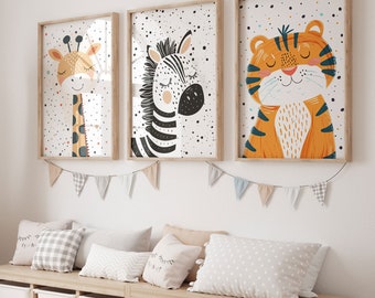 Safari dierenkwekerij print set van 3, digitale DOWNLOAD, kunst aan de muur kinderkamer, kinderkamer prints, jongens meisjes jungle kunst, kinderkamer afdrukbare