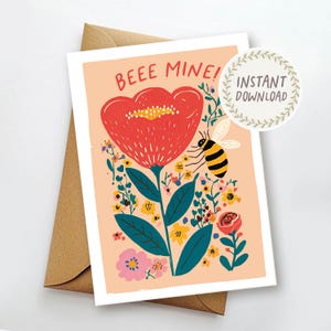 Tarjeta romántica imprimible Bee Mine, linda y divertida tarjeta de aniversario de amor con juego de palabras, tarjeta divertida con juego de palabras para pareja, sobre imprimible, descarga instantánea