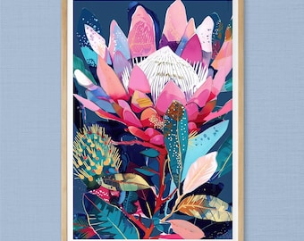 Protea Midnight Bloom Gouache Painting, DIGITAL DOWNLOAD Australian Native Flowers Botanical, Wall Art Floral Print, Floral Poster Printable