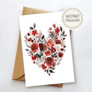 Tarjeta imprimible con rosas rojas en forma de corazón y te amo. Tarjeta de felicitación romántica para el día de San Valentín, aniversario, cumpleaños, descarga instantánea