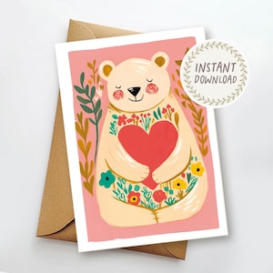 Afdrukbare berenknuffelkaart Leuke verjaardagskaart Bear Love knuffel voor hem en haar Bedankkaart Beterschap afdrukbare envelop direct downloaden