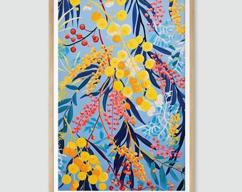 Golden Wattle Sunshine Botanical Wall Art, Gouache Painting, Digital Download Painting Print Australian Gum Native Floral Spring printable