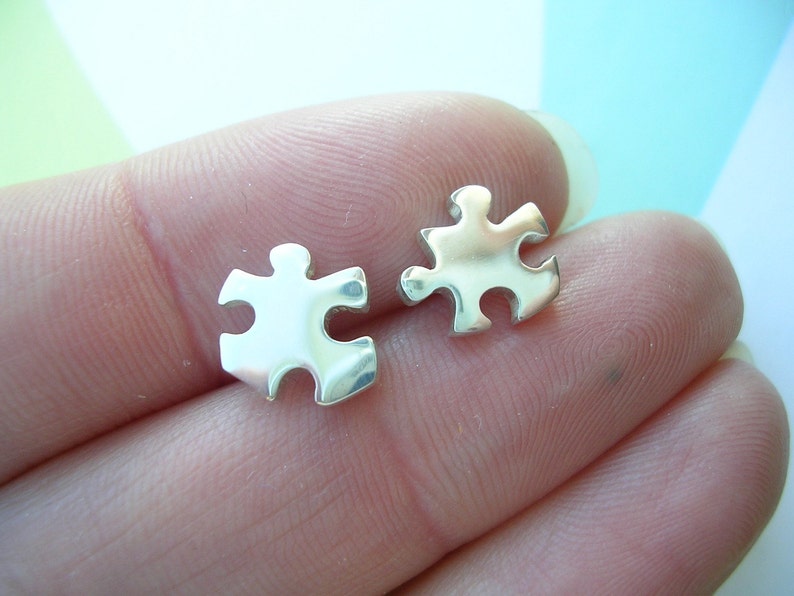 Jigsaw Puzzle Earrings Sterling Silver Argentium Silver Ear Studs image 1