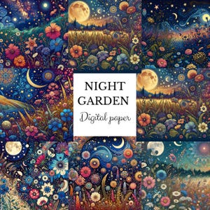 Grillige Cosmic Garden Night Sky boho William Morris print digitaal papier Floral sublimatie instant download, Celestial digitale download