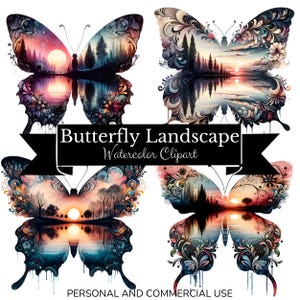 Schmetterling Landschaft Clipart, Schmetterling Landschaft Clipart Sofortiger Download Sonnenuntergang Aquarell Sublimations Bundle, Insekt PNG Sublimation