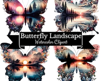 Watercolor Butterfly Landscape Clipart: Sunset Sublimation Bundle (PNG)