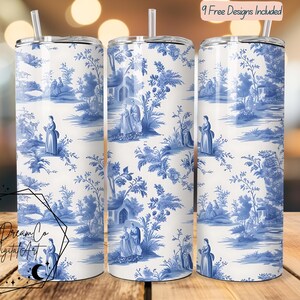 Blue Toile De Jouy Tumbler Wrap: Chinoiserie Floral Design (PNG Digital Download)