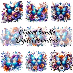 9 png, Aquarell Schmetterling Blumen Clipart Sublimationspaket, Insekt PNG, dekorative Sammlung, Schmetterlinge Kartenherstellungs-Einladung PNG-Set