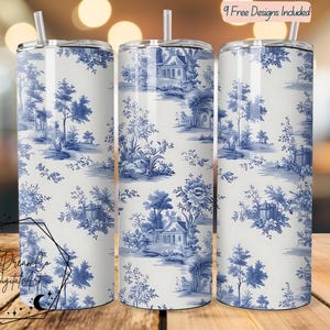 Blue Toile De Jouy Tumbler Wrap: Floral Chinoiserie Design (Digital Download)