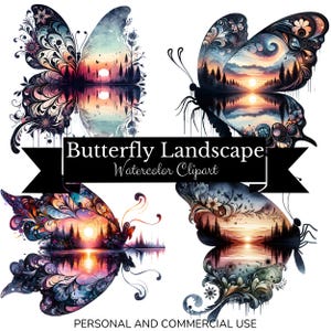 Imágenes prediseñadas de paisaje de mariposas, imágenes prediseñadas de paisaje de mariposas, descarga instantánea, paquete de sublimaciones de acuarela de atardecer, sublimación PNG de insectos