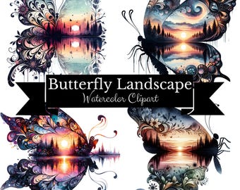 Watercolor Butterfly Landscape Clipart: Sunset Sublimation Bundle (PNG Digital Download)