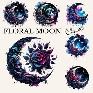 Disegno di sublimazione di una mezzaluna boho scura. Clipart di una luna floreale boho scura. Download istantaneo di un pacchetto di sublimazioni di acquerelli boho.