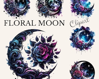 Dark Boho Floral Crescent Moon Clipart: Watercolor Sublimation Bundle (Digital Download)