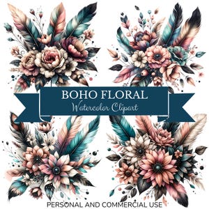 Boho bloemen clipart levendige bloemstukken met veren clipart voor Instant Download bloem png voor sublimatie ontwerp