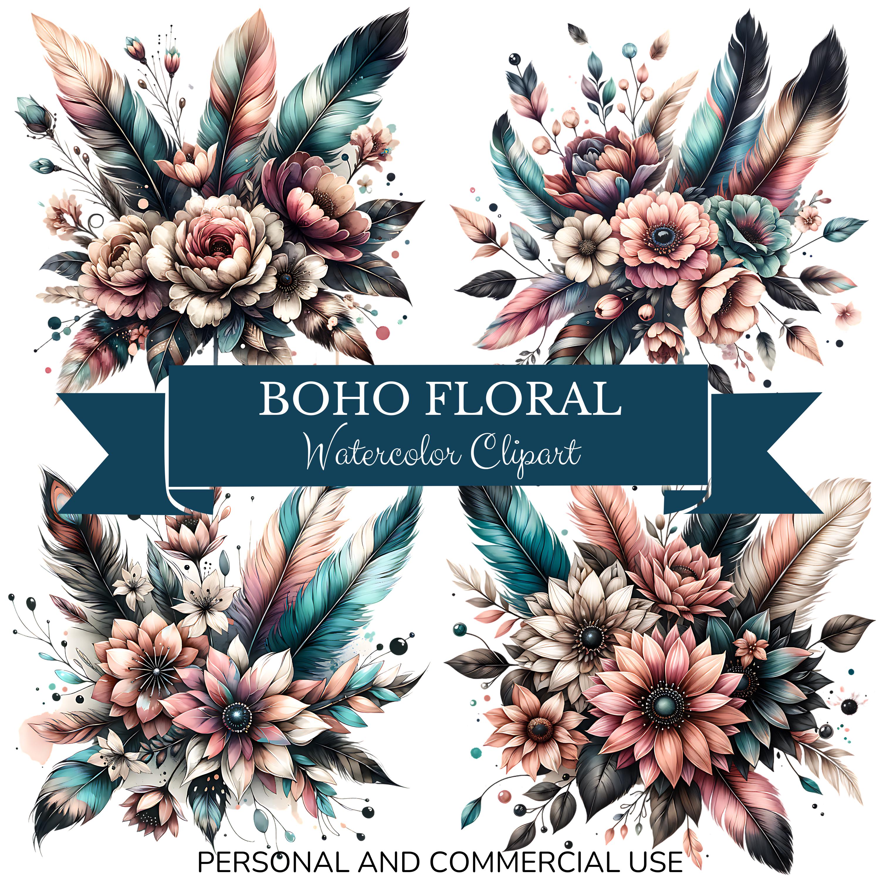 Boho Floral Clipart: Feathered Flower PNG Arrangements (Digital Download)