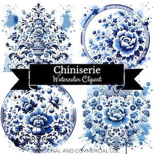 Clipart Chinoiserie bleu Toile de Jouy png Design de chemise, aquarelle florale coup de pinceau, sublimation, impression de Chinoises transparentes