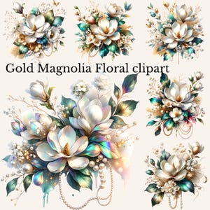 Gold Magnolia Floral clipart, White Flowers PNG Set, Wedding Invitation clip art, Magnolia Glam Garden Bridal Shower Sublimation Bundle