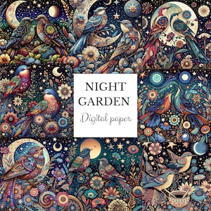 Enchanted Night Sky boho vogels William Morris print digitaal papier Floral sublimatie instant download Celestial Collection