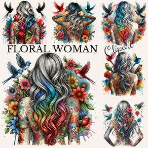 Fille aquarelle et papillons Clipart Bundle PNG Portrait de jeune fille Aquarelle fille belle femme Sublimation oiseaux et fleurs Art numérique