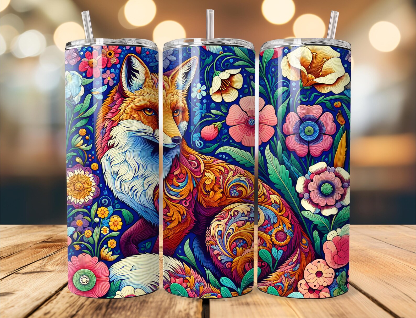 Boho Floral Fox Tumbler Wrap: 20oz Skinny Sublimation Design (digital ...