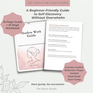 May include: A digital download titled "Shadow Work Guide" with a pink and white design. The guide includes a 15-page guide and a 10-page workbook. Text on the guide includes "A Beginner-Friendly Guide to Self-Discovery Without Overwhelm."