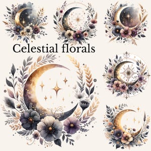 Croissant de lune png Floral Collection lunes, étoiles croissant céleste or lune png, aquarelle or floral lune téléchargement immédiat