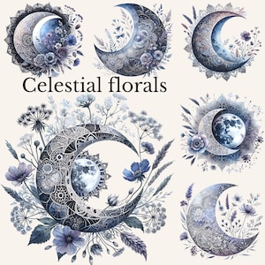 Wassende maan png Floral Collection manen, sterren Celestial Crescent Blue Moon png, aquarel blauwe bloemenmaan Instant Download