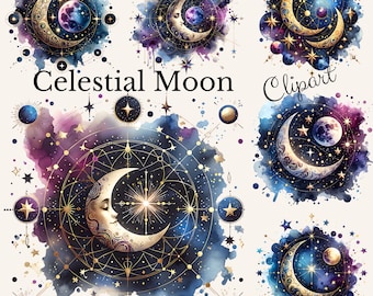Watercolor Celestial Moon Clipart: Gothic Stars PNG (Digital Download)