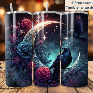 May include: A set of three tumbler wraps featuring a crescent moon with stars, a raven, and floral designs in shades of purple, blue, and pink. The background is a dark blue with a hint of green.