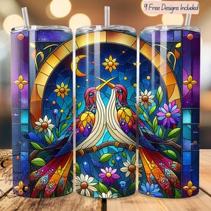 Hummingbird tumbler wrap seamless celestial stained glass floral digital download Humming bird sublimation design stained glass tumbler