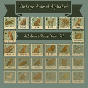 Vintage Tier Alphabet Kinderzimmer Wand Kunst druckbare A-Z Tier Stempel Poster Set |Pädagogische Klassenzimmer Dekor | Kinder Alphabet Bundle zum selbst ausdrucken