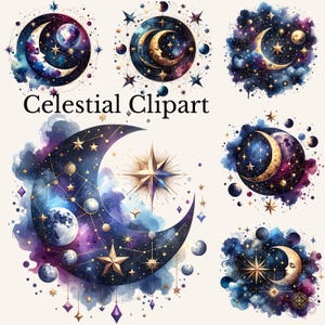 Celestial moon clipart collectie manen, sterren hemelse wassende maan png, aquarel gotische maan Instant Download, Dark Academia clipart