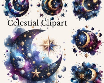 Celestial Moon Clipart: Watercolor Gothic Crescent Moon (PNG Digital Download)
