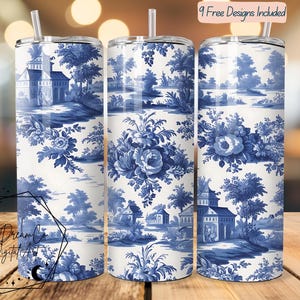 Blue Toile De Jouy Tumbler Wrap: Floral Chinoiserie Design (PNG Digital Download)