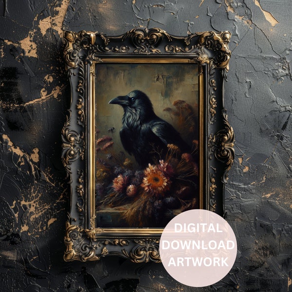 Moody art digital download raven and flowers distressed vintage oil painting dark academia witchy wall art printable bedroom decor goth art