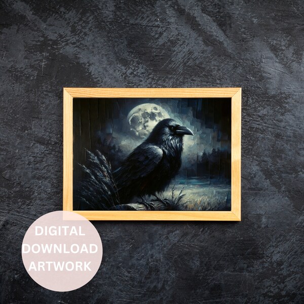 Moody art digital download the raven distressed vintage oil painting dark academia witchy wall art printable bedroom decor goth art