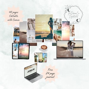 Kit de tablero de visión imprimible, plantilla de Canva de 48 páginas, diario de inspiración editable de autocuidado, citas motivacionales e imágenes, descarga digital PLR