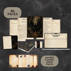Puede incluir: Una colección de productos digitales de temática gótica, que incluye un diario titulado "Inner Alchemy: Gothic Transformation Journal" con 89 páginas, un portátil, una tableta y un smartphone. El diario presenta una ilustración de un fénix. Incluye 20 páginas de notas góticas gratuitas.