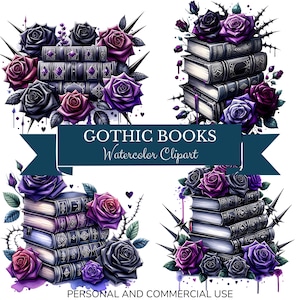 Gothic Book and Rose clipart Watercolor book Bundle PNG Set,gothic roses Instant Digital Download, Vintage Books, Fantasy, Clipart,
