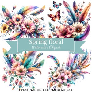 Boho floral Clipart, Frühling, Blumen Federn Clipart, Instant Download Schmetterling PNG für Sublimation Design Bunte Federn und Blumen PNG