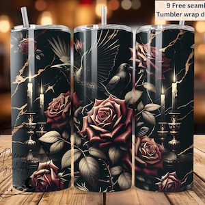 Dark red Roses Gothic Tumbler Wrap seamless 20 oz Skinny Tumbler Sublimation Design, Rose and Raven Tumbler Wrap, Instant Digital Download